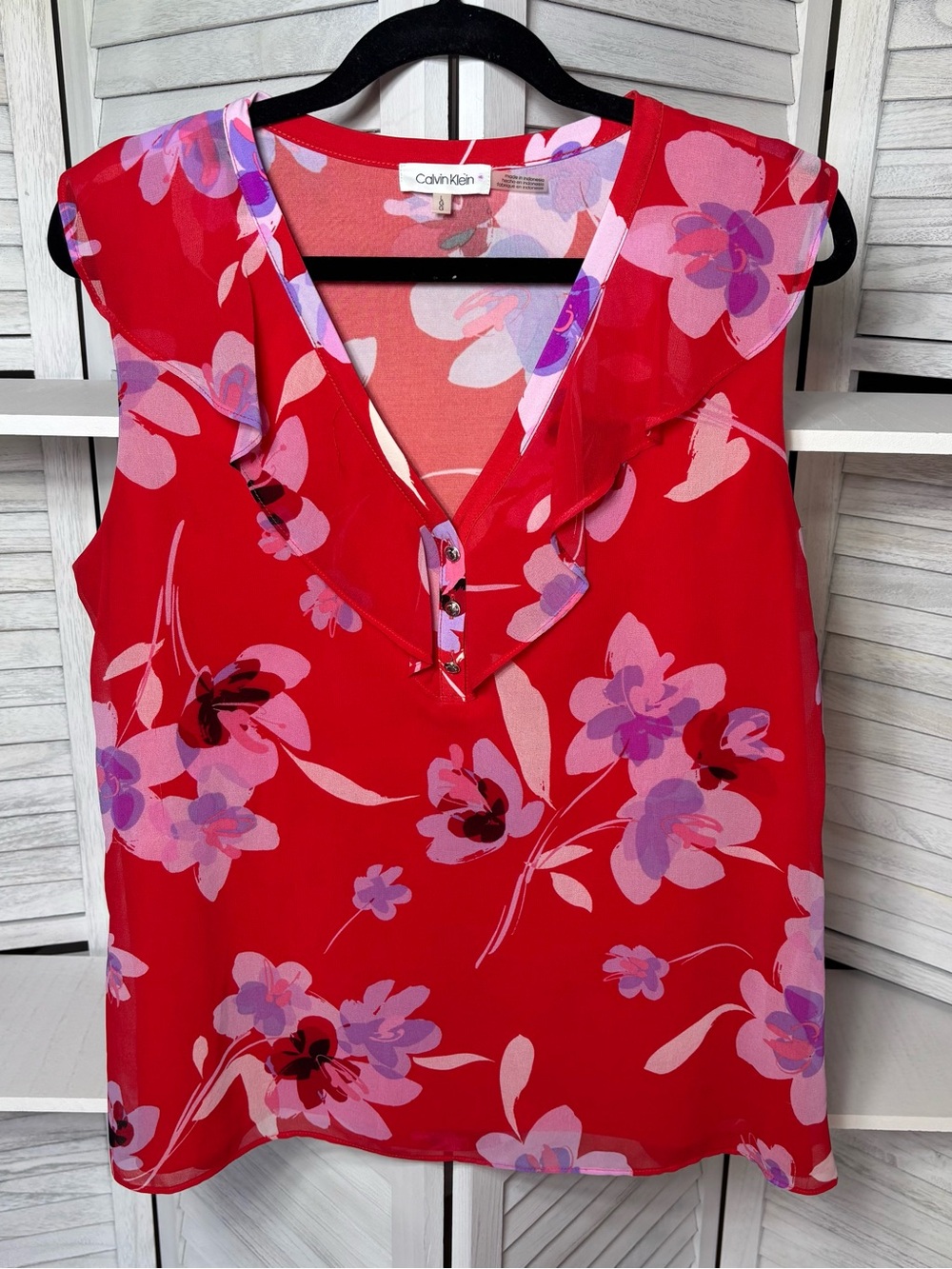Calvin Klein Floral Ruffle Sleeveless Blouse Women’s Large Red Pink Purple